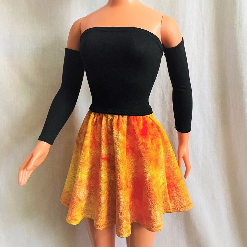 Black top, sleeves. Orange-yellow velvet skirt. For My Size Barbie Doll. New ;)